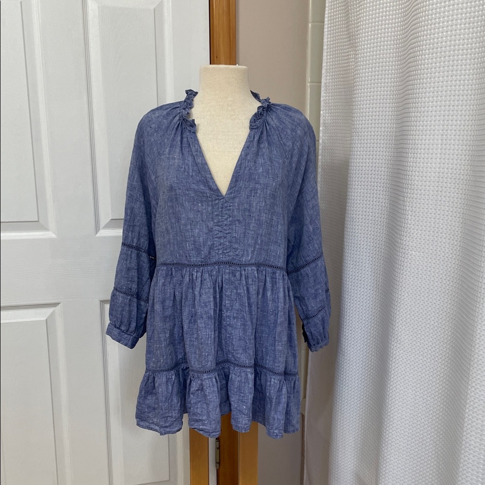 eShakti Indigo Ruffled Tunic 100% Linen 1x Beautiful